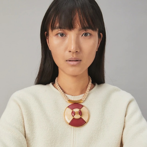 TORY BURCH • Burgundy Kira Ivory Leather Pendant Necklace - Picture 2 of 5